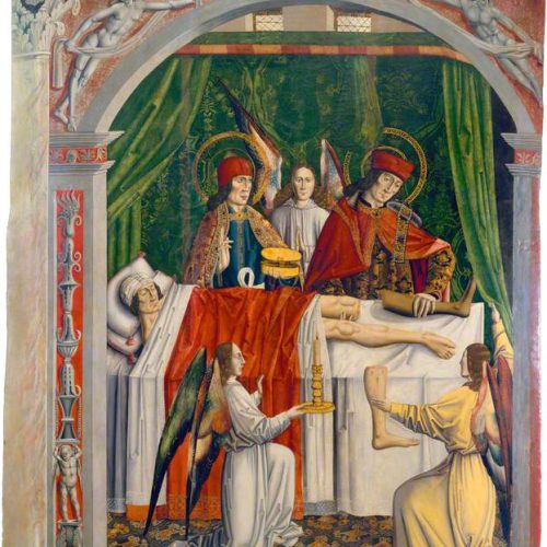 Master of Los Balbases; A Verger's Dream: Saints Cosmas and Damian Performing a Miraculous Cure by Transplantation of a Leg; Wellcome Library; http://www.artuk.org/artworks/a-vergers-dream-saints-cosmas-and-damian-performing-a-miraculous-cure-by-transplantation-of-a-leg-126111